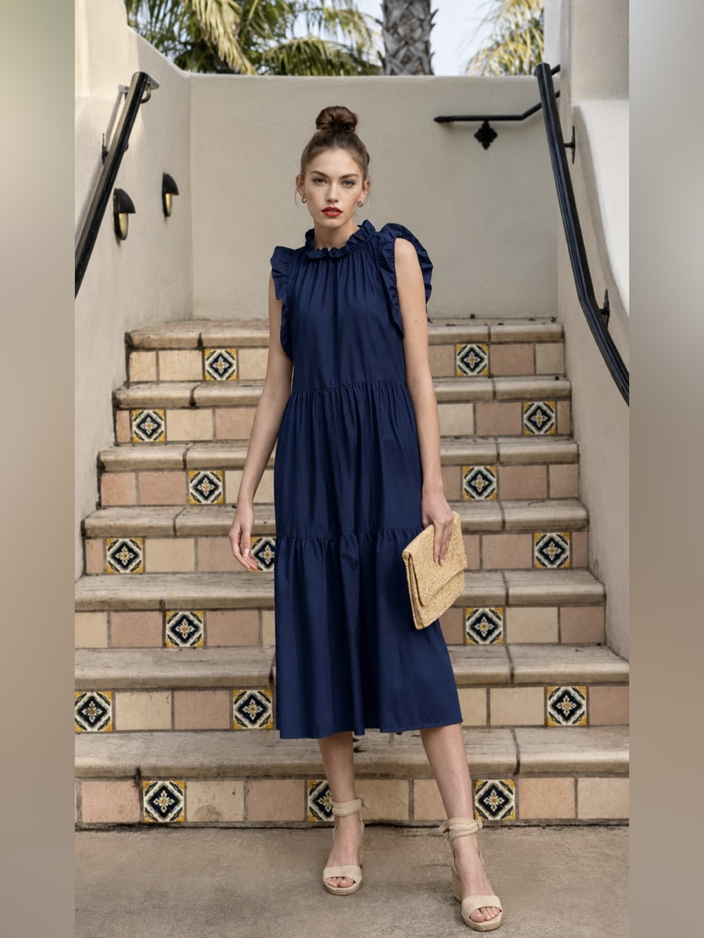 New! Felicite Cotton Ruffle Tiered Sleeveless Navy Midi Dress 💙 Large